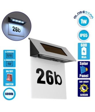 GloboStar® 71485 Αυτόνομο Ηλιακό Φωτιστικό LED SMD 1W 40lm με Ενσωματωμένη Μπαταρία 600mAh - Φωτοβολταϊκό Πάνελ με Αισθητήρα Ημέρας-Νύχτας για Αρίθμηση Διεύθυνσης Δρόμου Αδιάβροχο IP65 Ψυχρό Λευκό 6000K